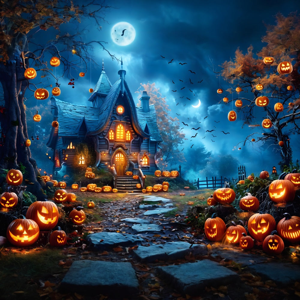 Haunted Halloween Pumpkin Cottage Backdrop UK RR7-247