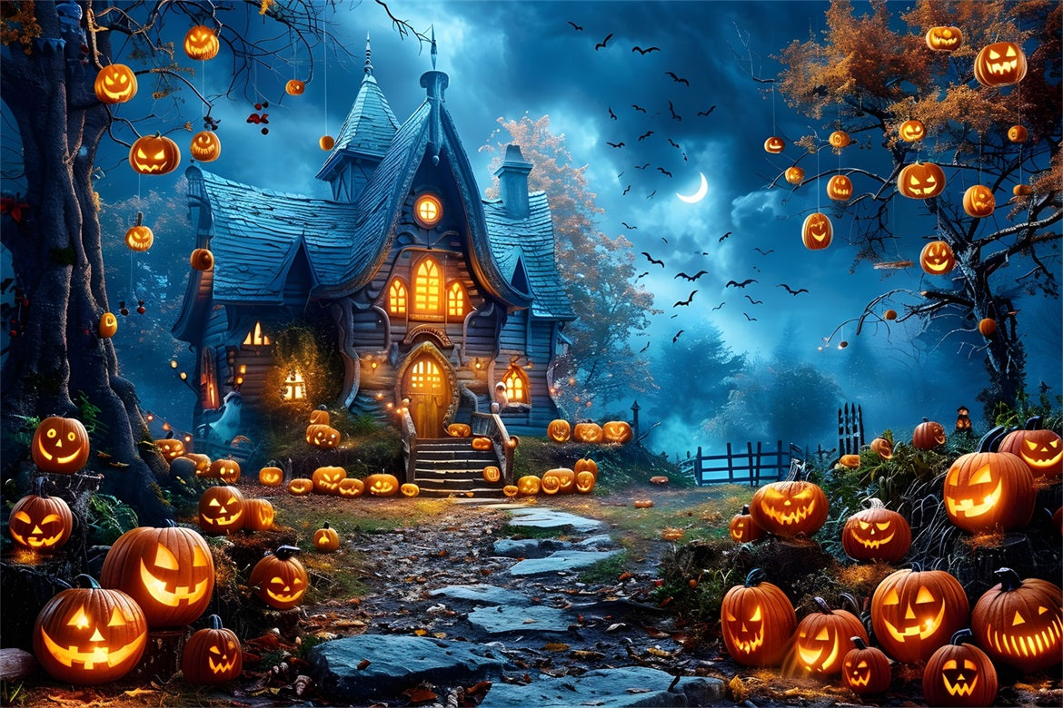 Haunted Halloween Pumpkin Cottage Backdrop UK RR7-247