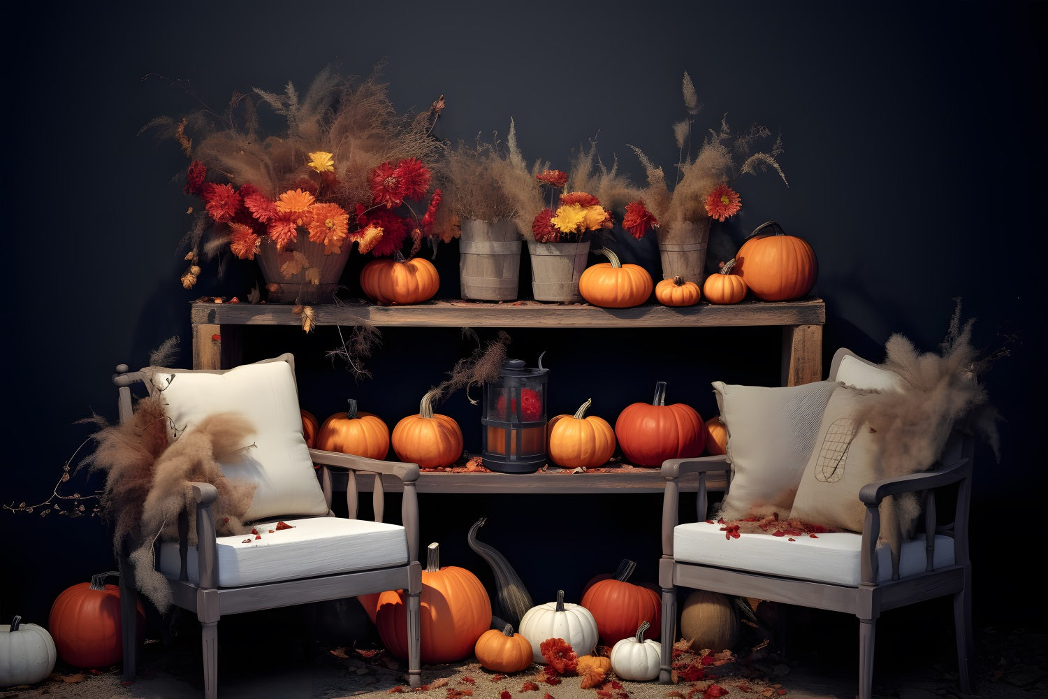 Autumn Floral Pumpkin Display Cozy Seating Backdrop UK RR7-251