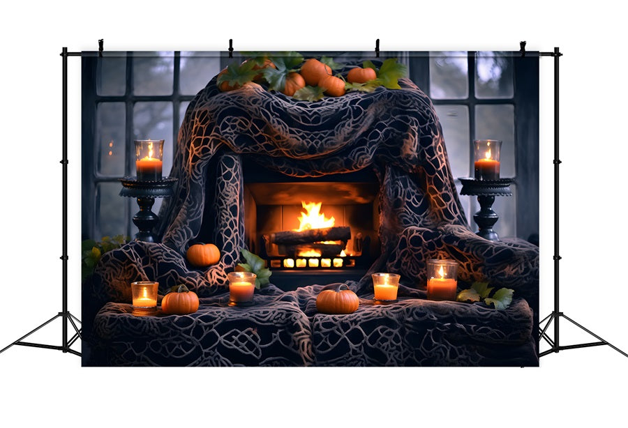 Halloween Pumpkin Lanterns Cozy Fireplace Backdrop UK RR7-253