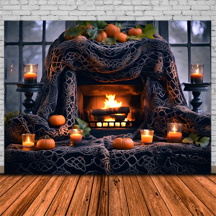 Halloween Pumpkin Lanterns Cozy Fireplace Backdrop UK RR7-253