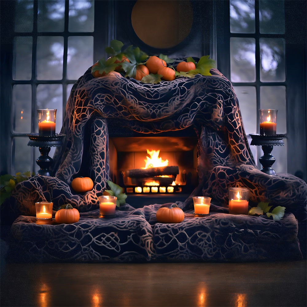 Halloween Pumpkin Lanterns Cozy Fireplace Backdrop UK RR7-253