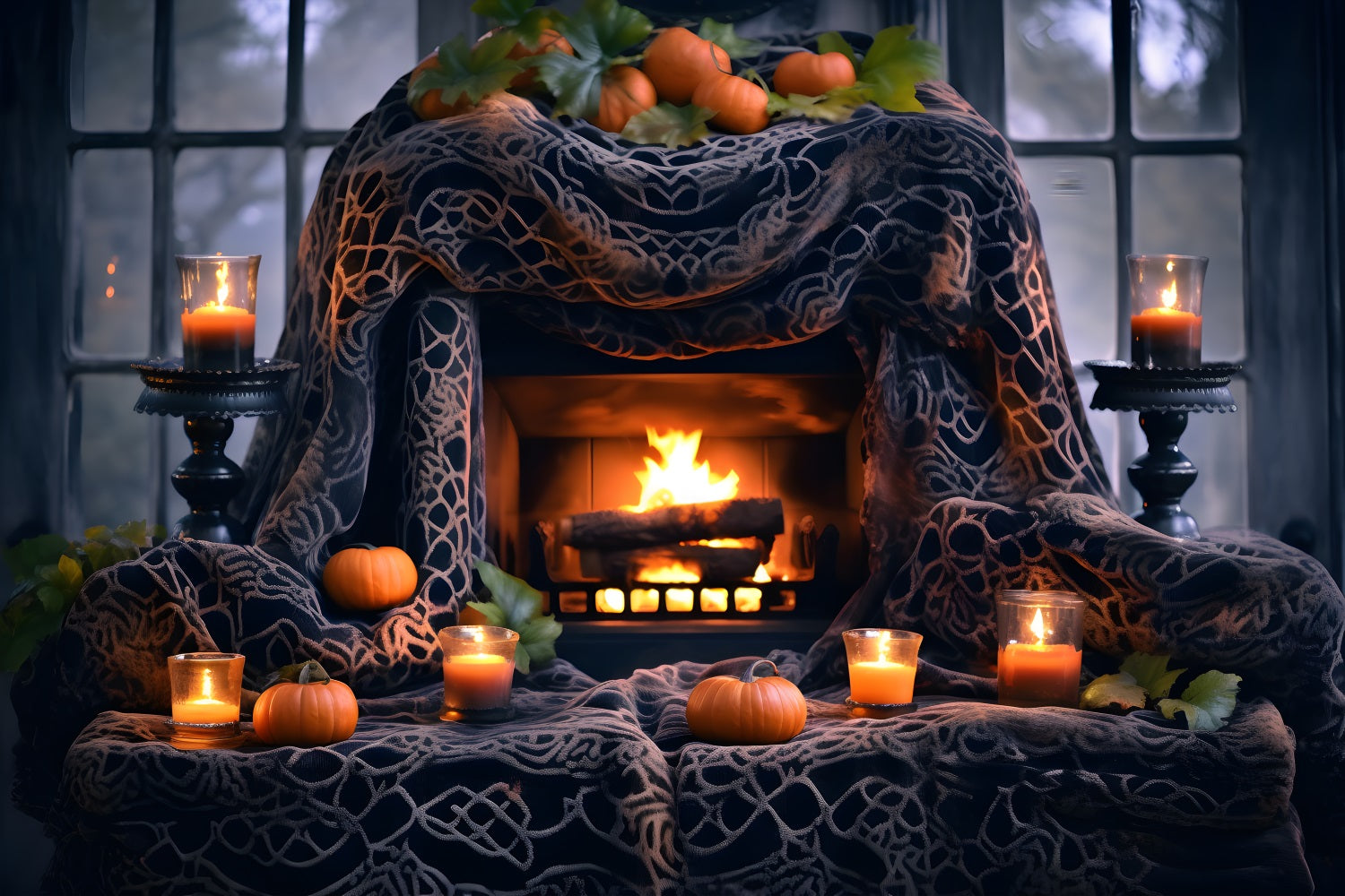 Halloween Pumpkin Lanterns Cozy Fireplace Backdrop UK RR7-253