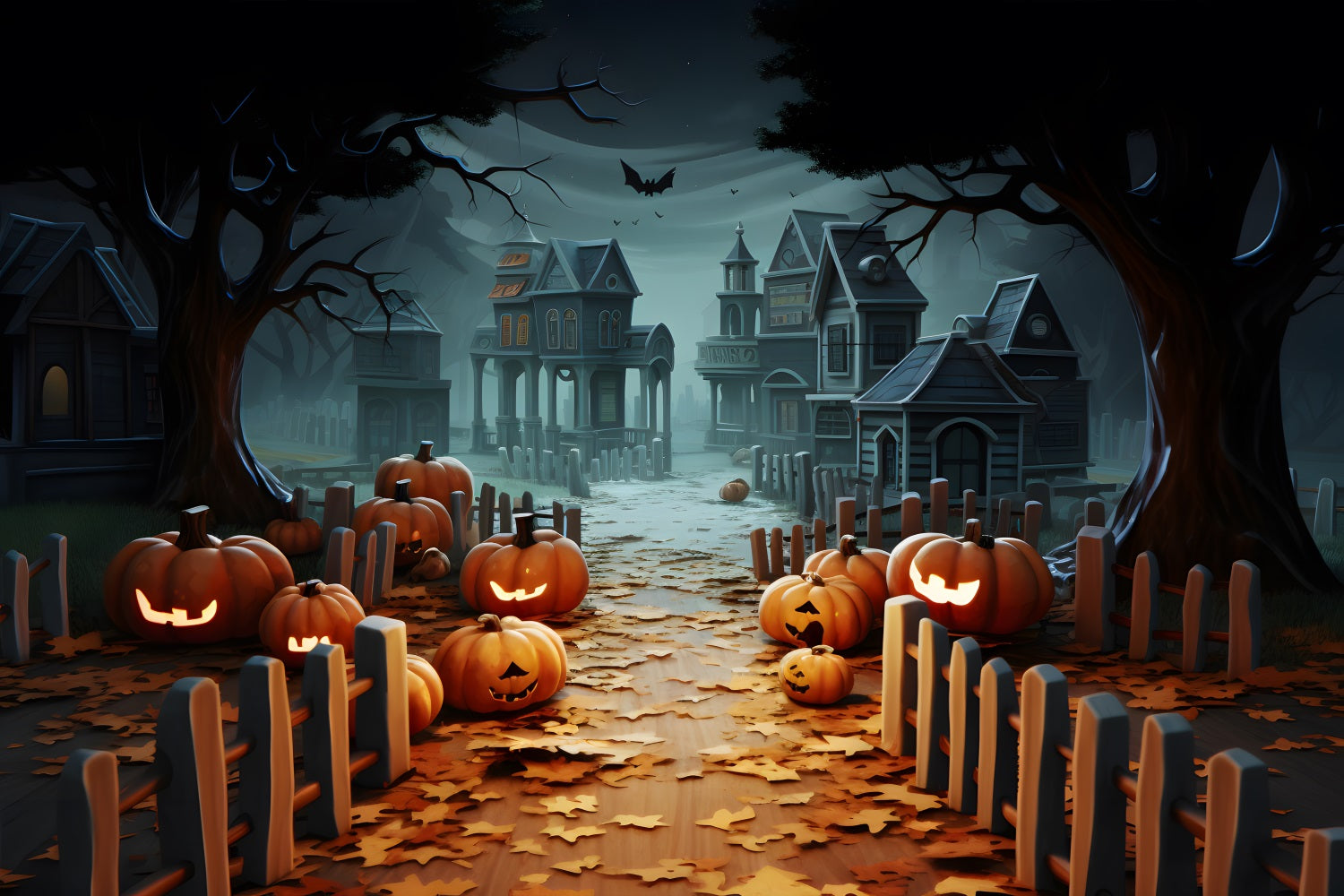 Halloween Pumpkin Lanterns Haunted Village Backdrop UK RR7-254