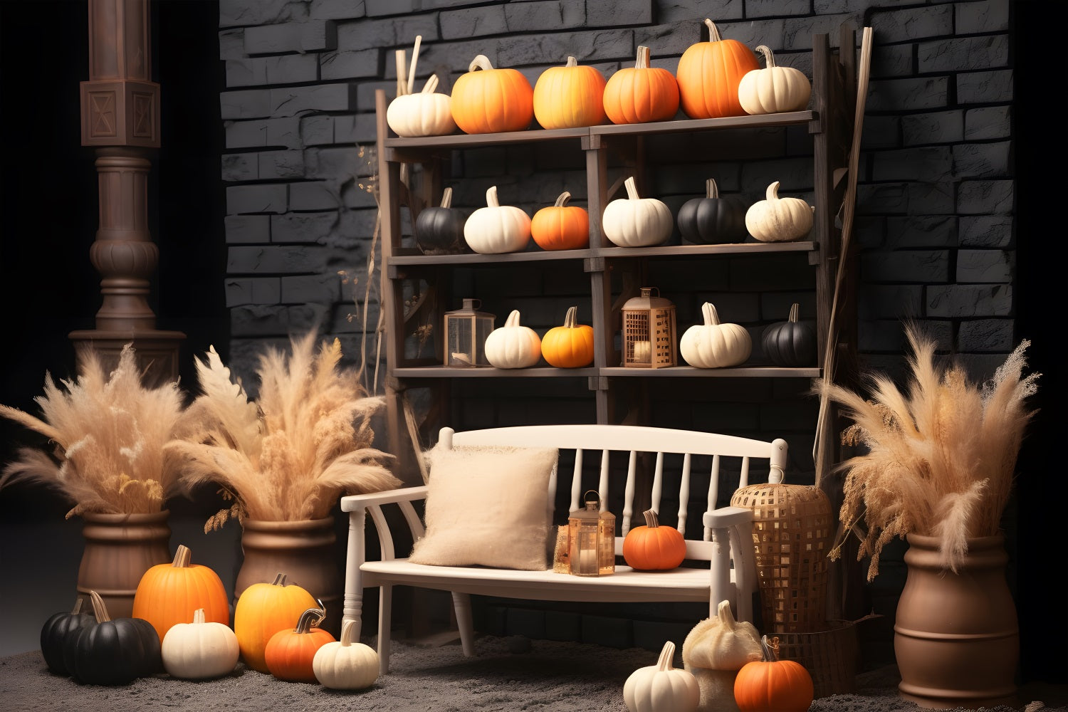 Elegant Autumn Pumpkin Floral Bench Backdrop UK RR7-256