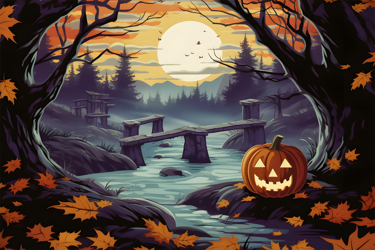 Halloween Pumpkin Enchanted Forest River Backdrop UK RR7-259