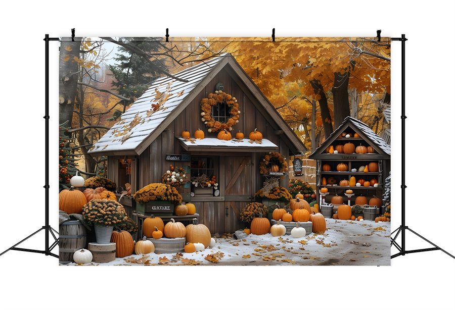 Autumn Pumpkin Cottage Snowy Garden Backdrop UK RR7-263