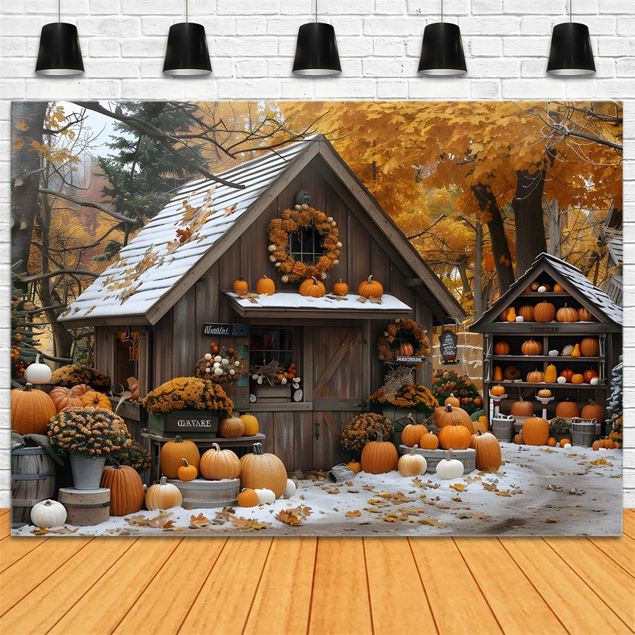 Autumn Pumpkin Cottage Snowy Garden Backdrop UK RR7-263