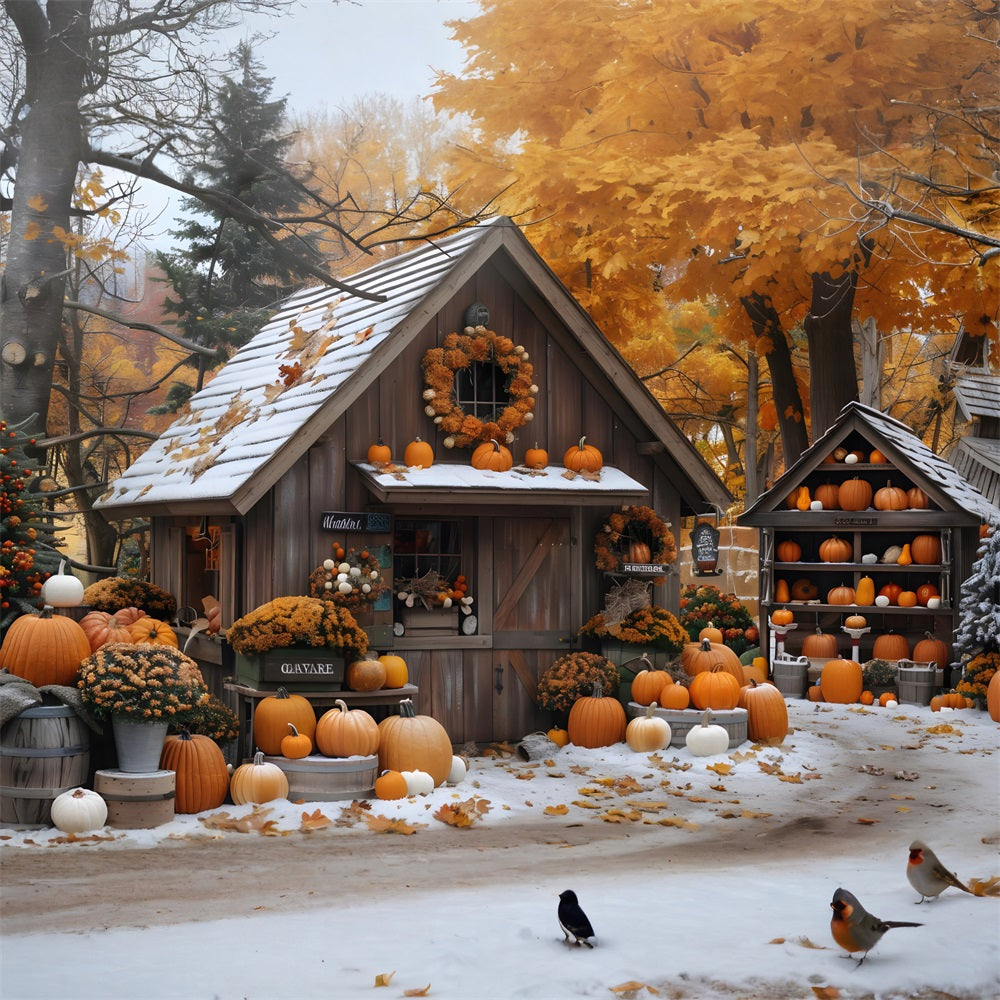 Autumn Pumpkin Cottage Snowy Garden Backdrop UK RR7-263