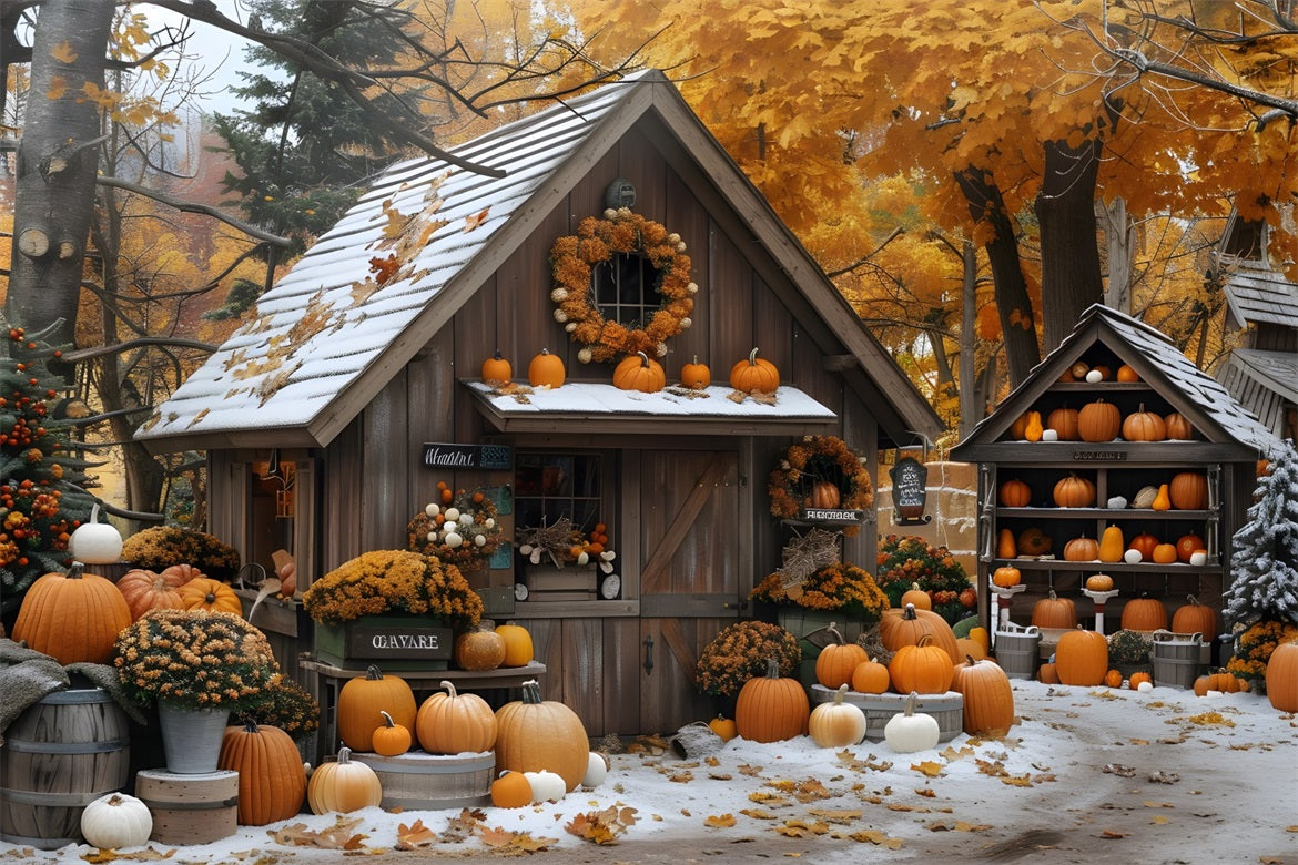 Autumn Pumpkin Cottage Snowy Garden Backdrop UK RR7-263