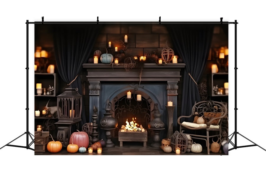 Halloween Pumpkin Lanterns Cozy Fireplace Backdrop UK RR7-264