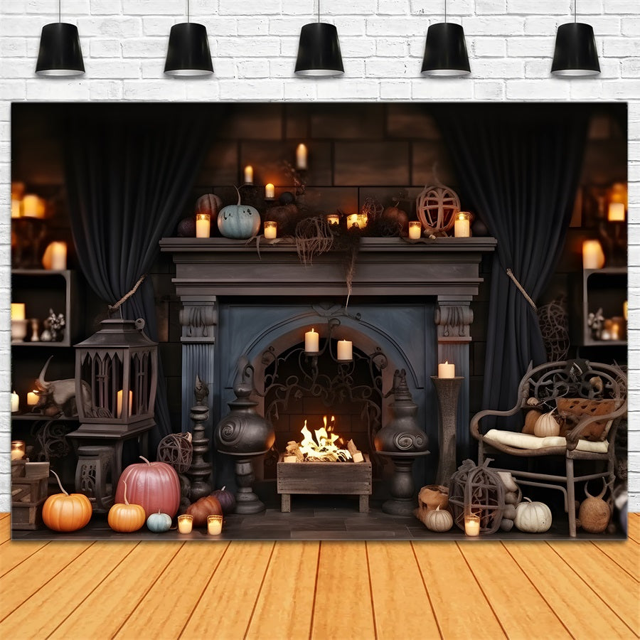 Halloween Pumpkin Lanterns Cozy Fireplace Backdrop UK RR7-264