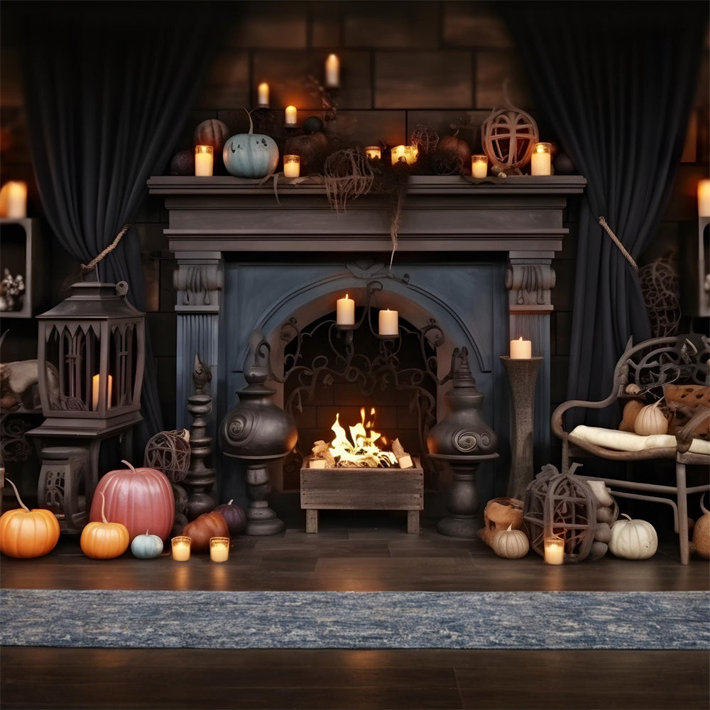 Halloween Pumpkin Lanterns Cozy Fireplace Backdrop UK RR7-264