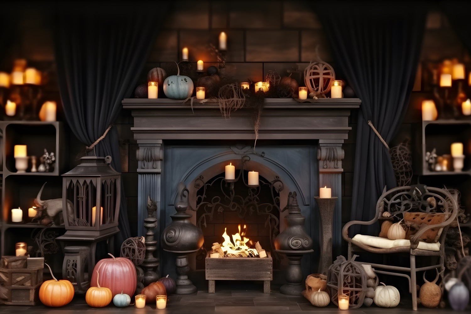 Halloween Pumpkin Lanterns Cozy Fireplace Backdrop UK RR7-264