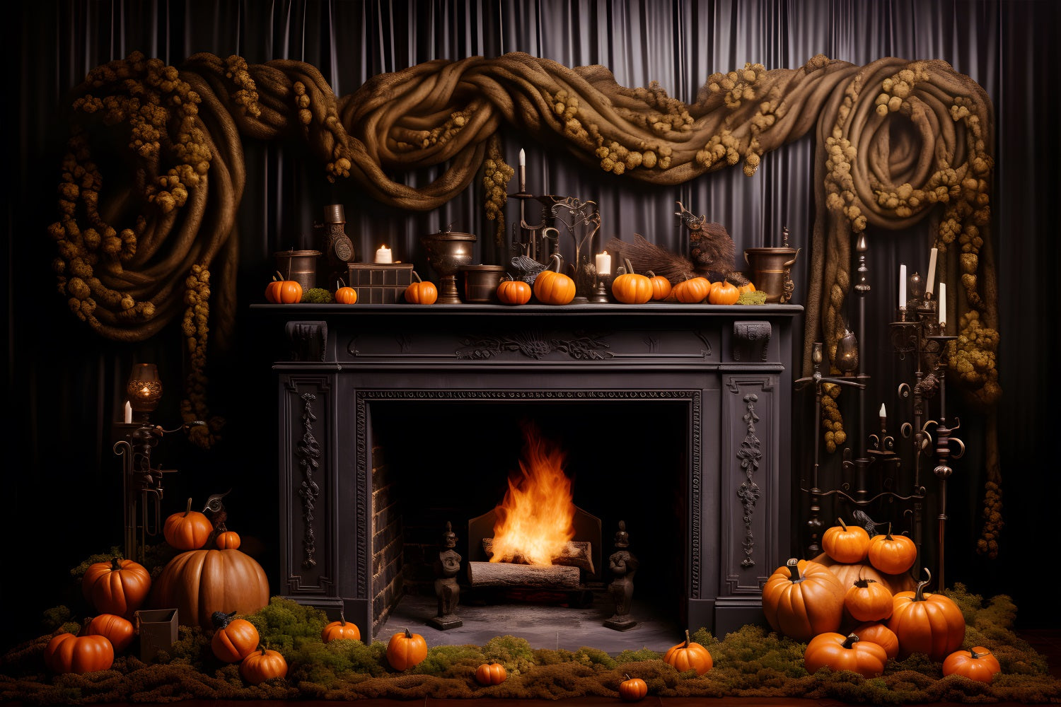 Halloween Pumpkin Lanterns Gothic Fireplace Backdrop UK RR7-266