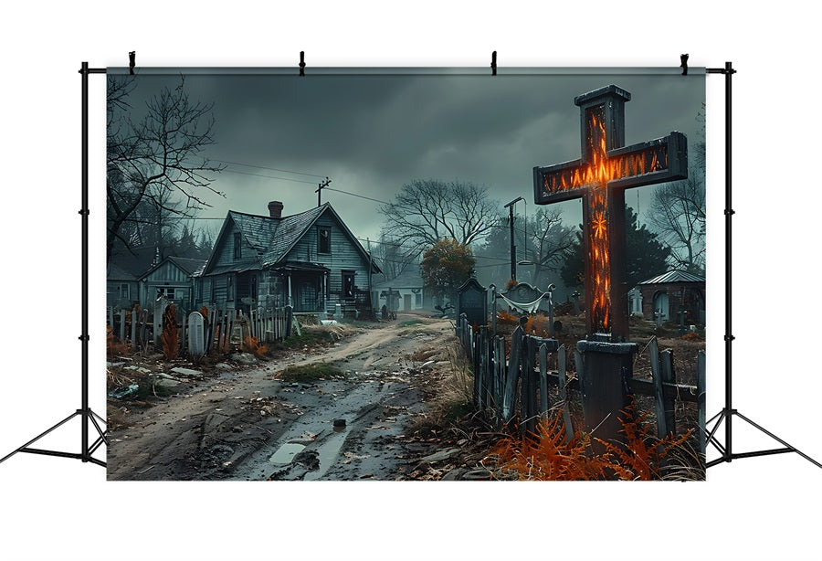 Halloween Haunted Village Cross Cemetery Backdrop UK RR7-269