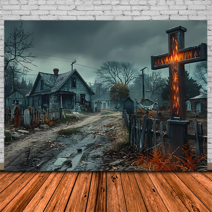 Halloween Haunted Village Cross Cemetery Backdrop UK RR7-269