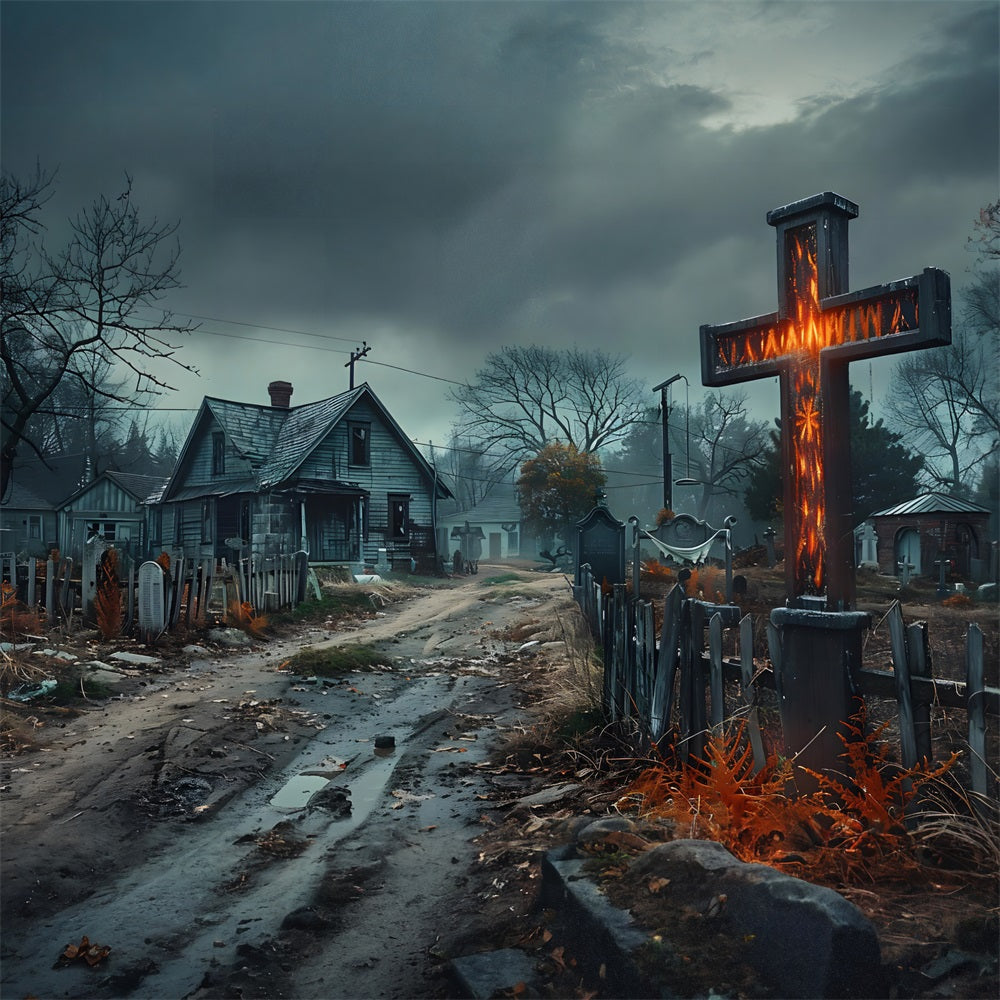 Halloween Haunted Village Cross Cemetery Backdrop UK RR7-269