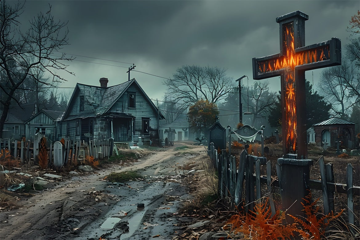 Halloween Haunted Village Cross Cemetery Backdrop UK RR7-269