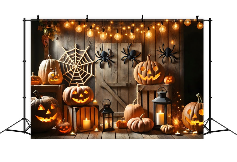 Halloween Pumpkin Lanterns Spider Web Barn Backdrop UK RR7-271