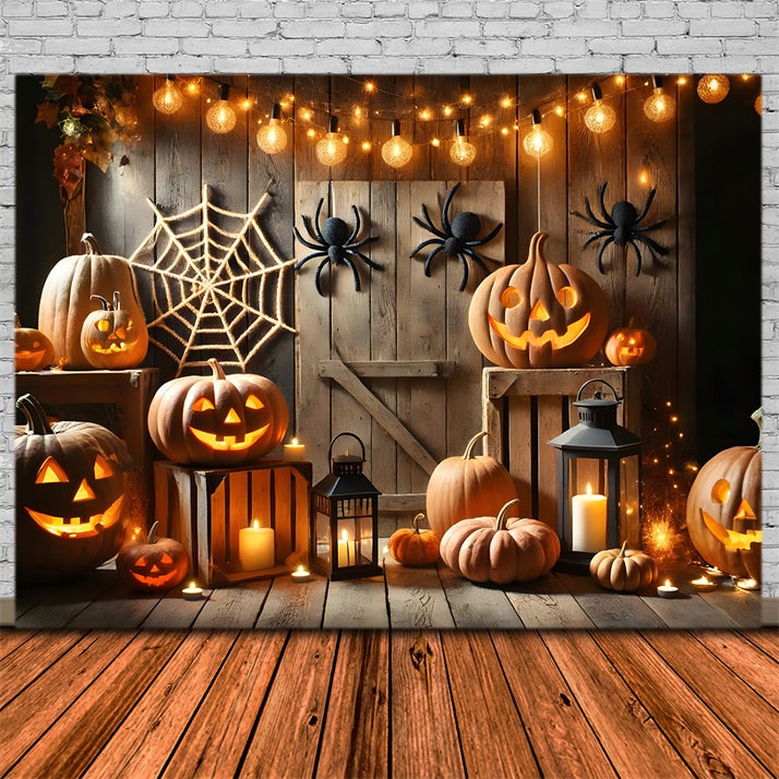 Halloween Pumpkin Lanterns Spider Web Barn Backdrop UK RR7-271