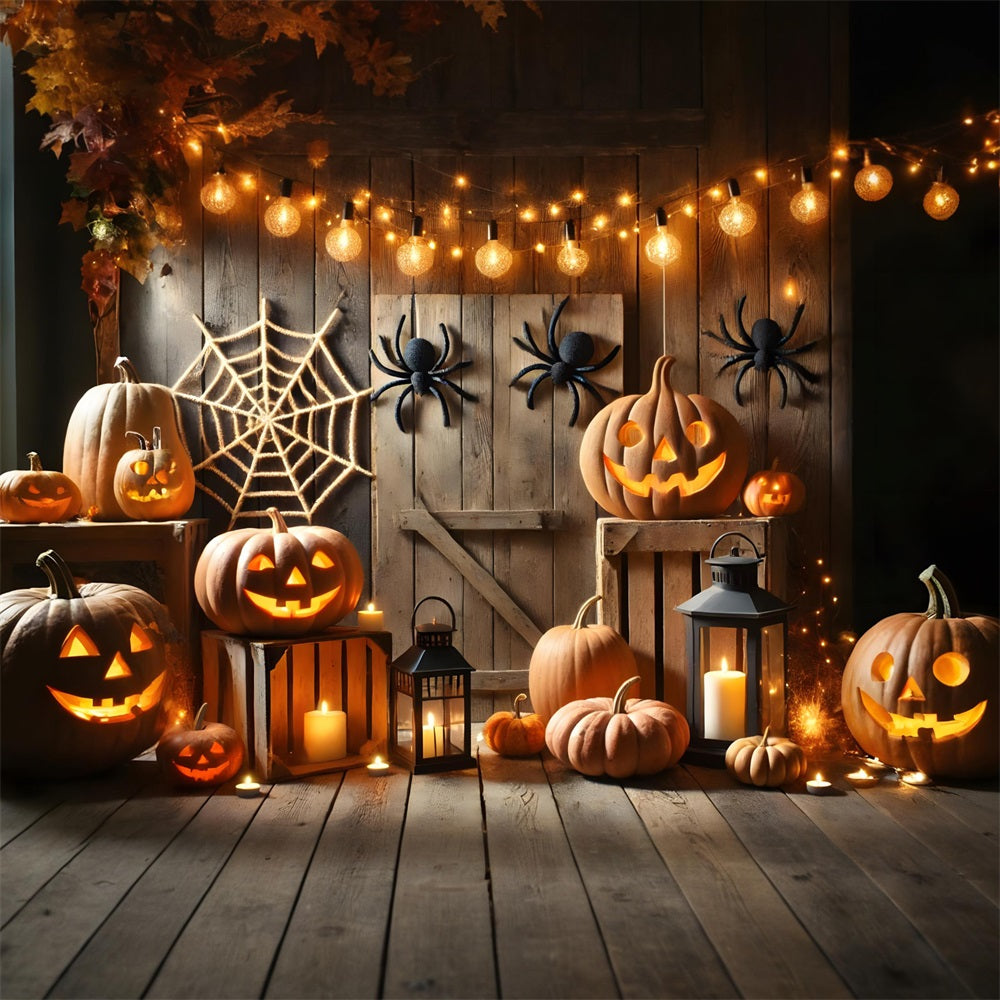 Halloween Pumpkin Lanterns Spider Web Barn Backdrop UK RR7-271