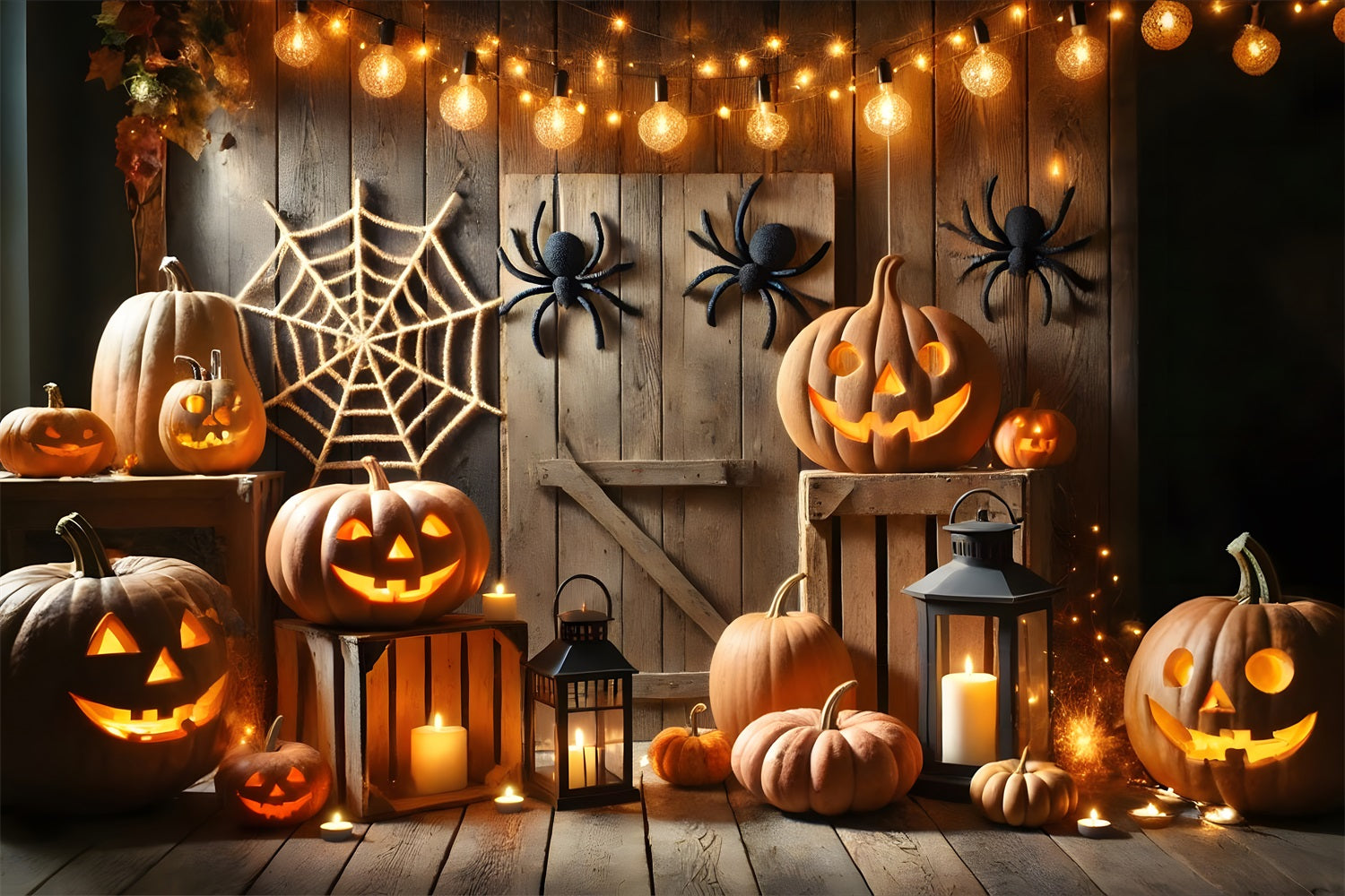 Halloween Pumpkin Lanterns Spider Web Barn Backdrop UK RR7-271