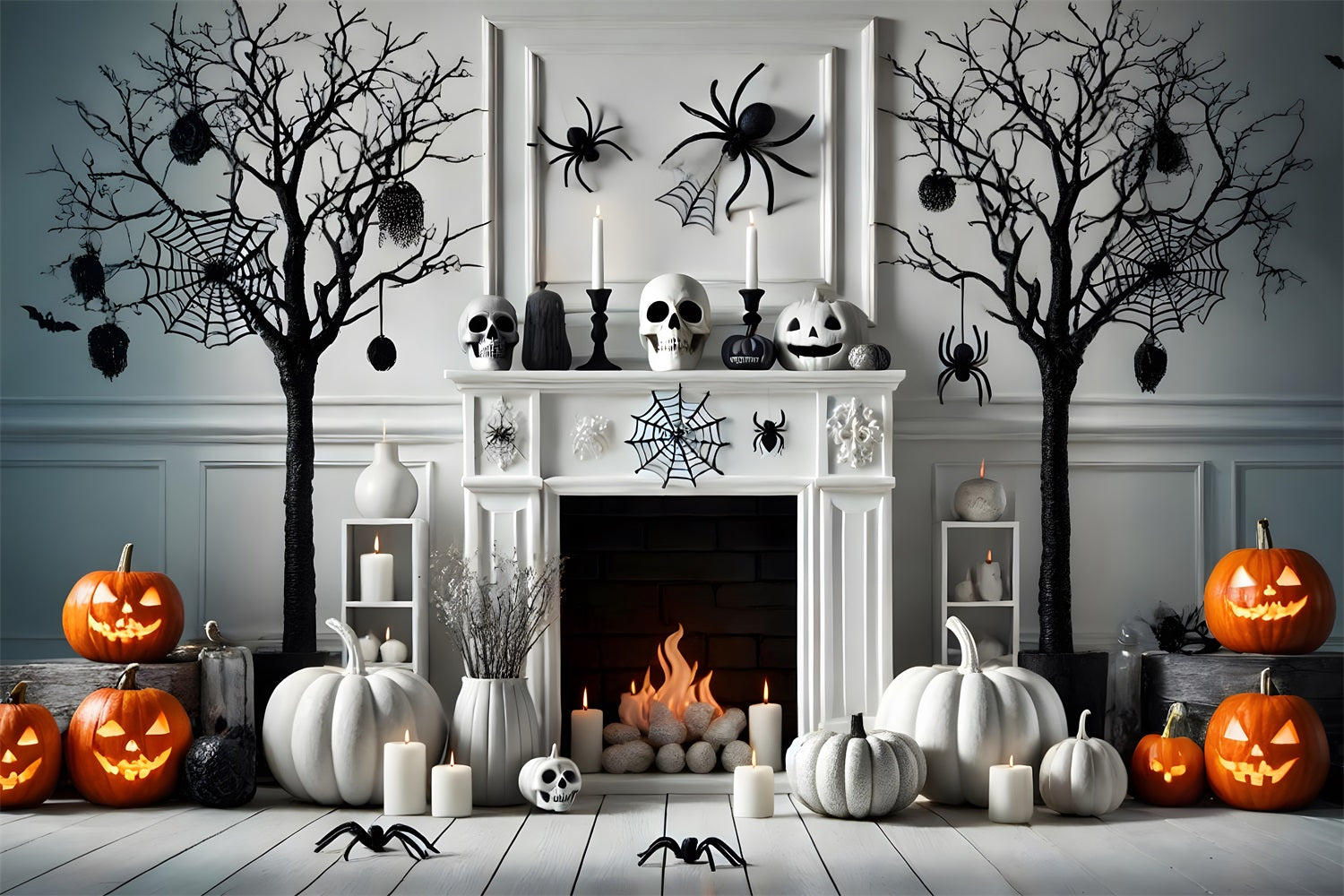 Halloween Pumpkin Lanterns Spider Fireplace Backdrop UK RR7-274