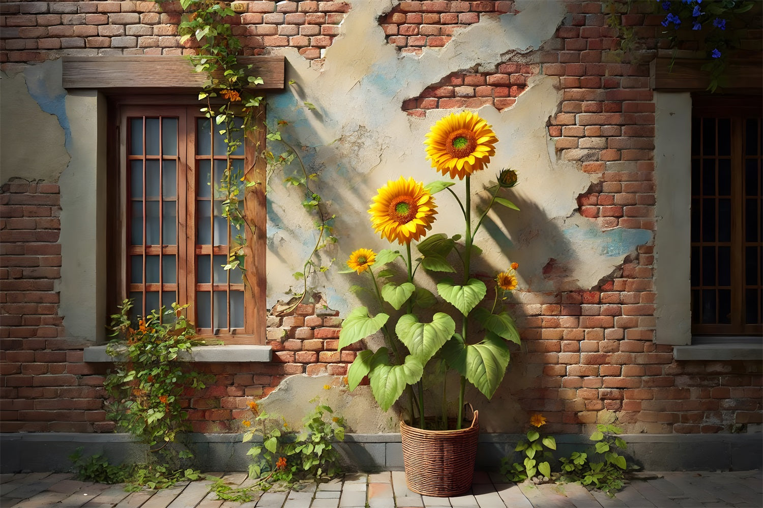 Sunflower Ivy Rustic Brick Wall Backdrop UK RR7-276