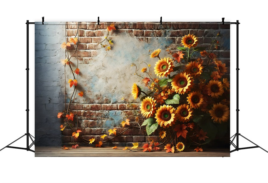 Rustic Brick Wall Sunflowers Autumn Leaves Backdrop UK RR7-277