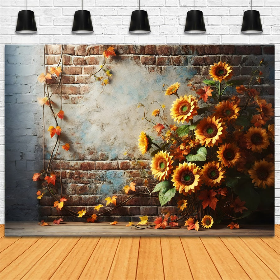 Rustic Brick Wall Sunflowers Autumn Leaves Backdrop UK RR7-277