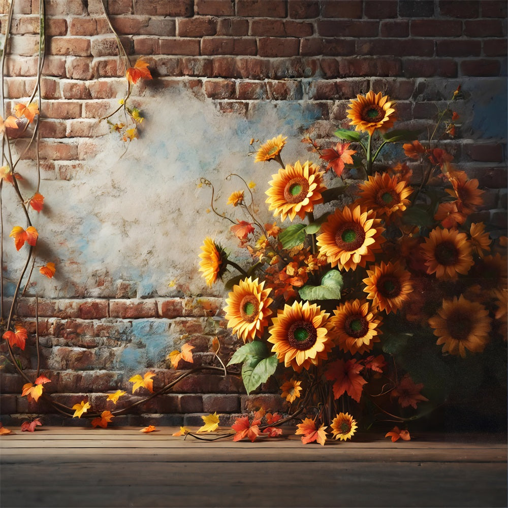 Rustic Brick Wall Sunflowers Autumn Leaves Backdrop UK RR7-277