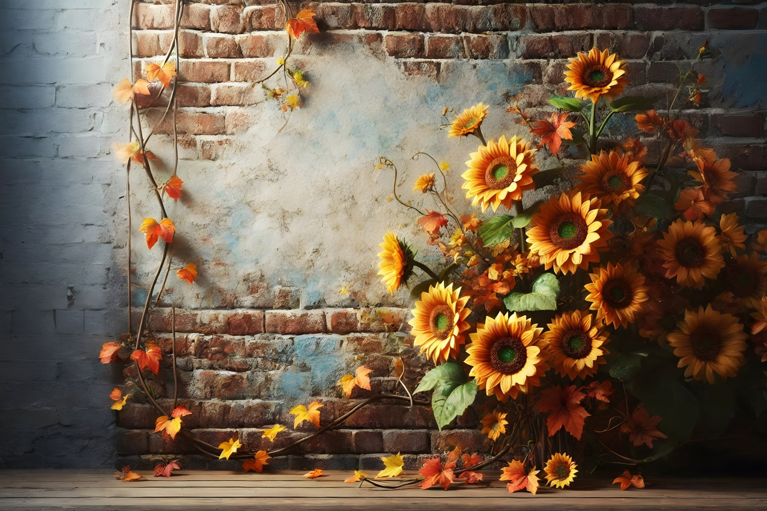 Rustic Brick Wall Sunflowers Autumn Leaves Backdrop UK RR7-277