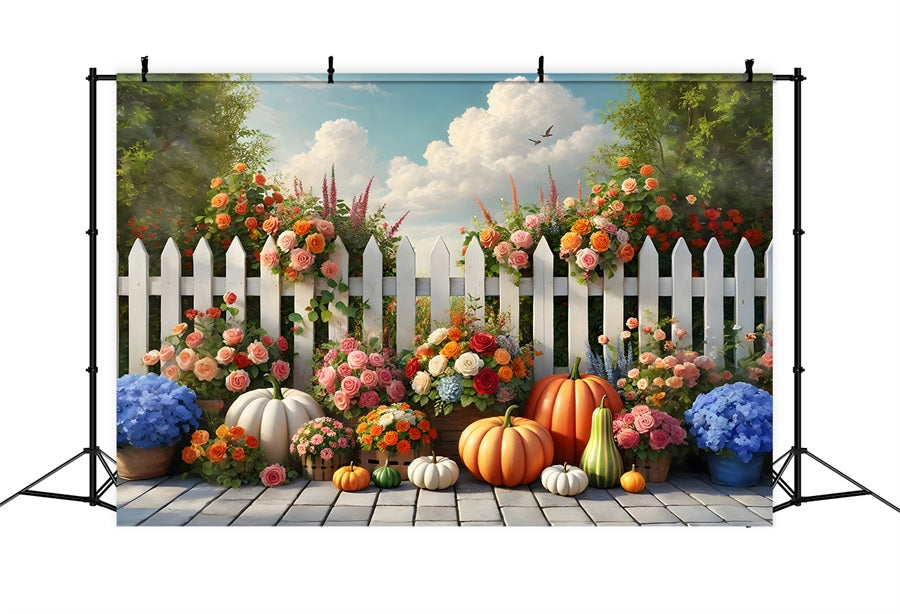 Autumn Garden Flowers Pumpkins Fence Backdrop UK RR7-278