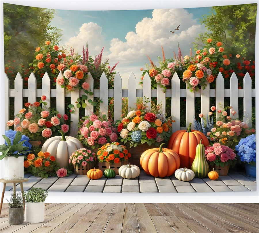 Autumn Garden Flowers Pumpkins Fence Backdrop UK RR7-278