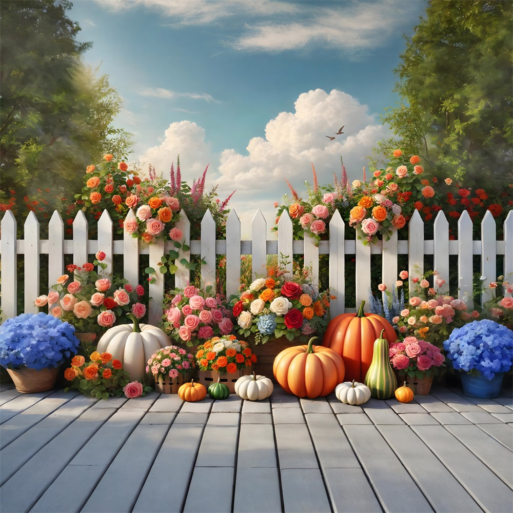 Autumn Garden Flowers Pumpkins Fence Backdrop UK RR7-278