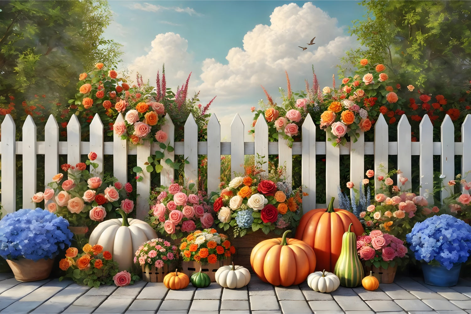 Autumn Garden Flowers Pumpkins Fence Backdrop UK RR7-278