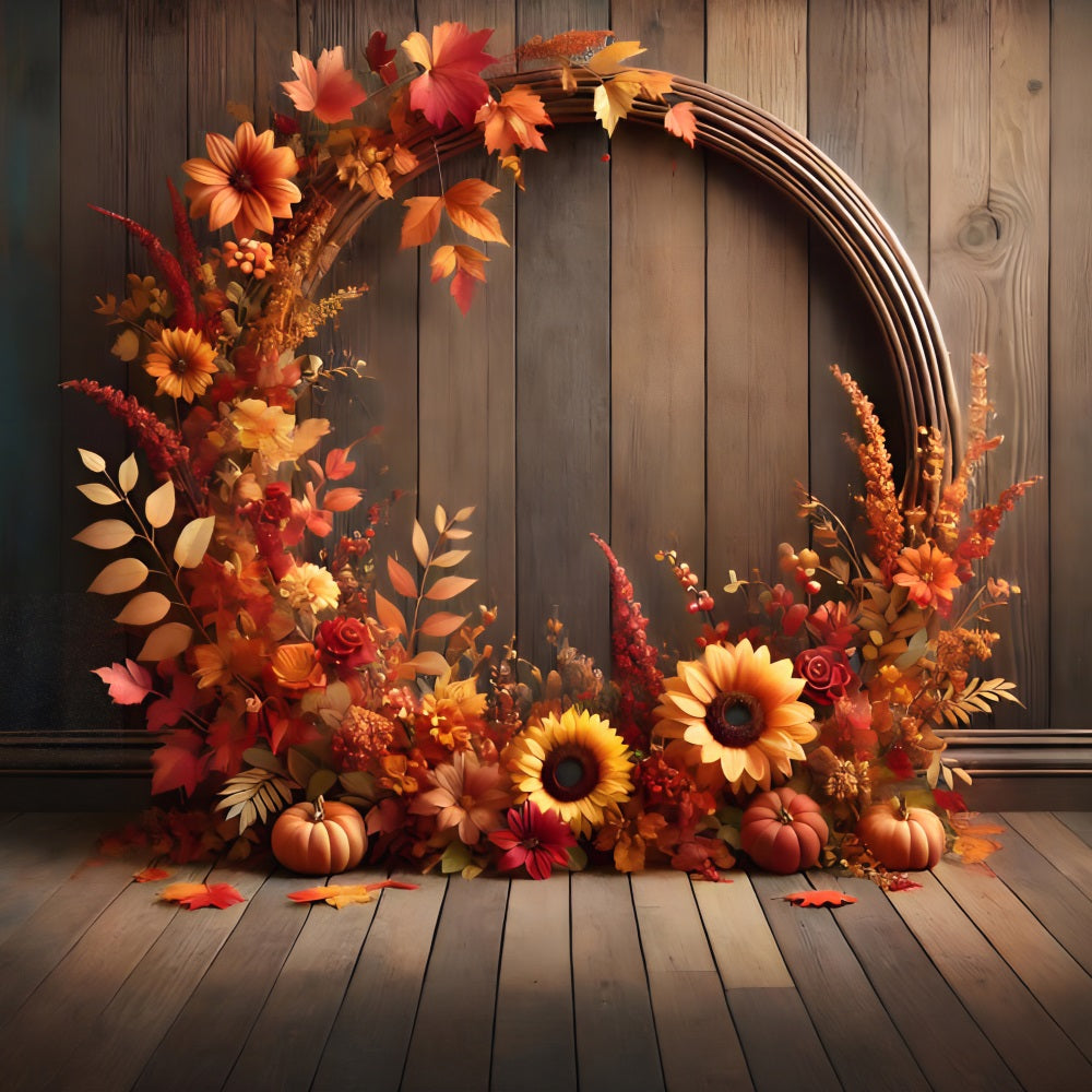 Autumn Floral Arch Pumpkin Wooden Backdrop UK RR7-279