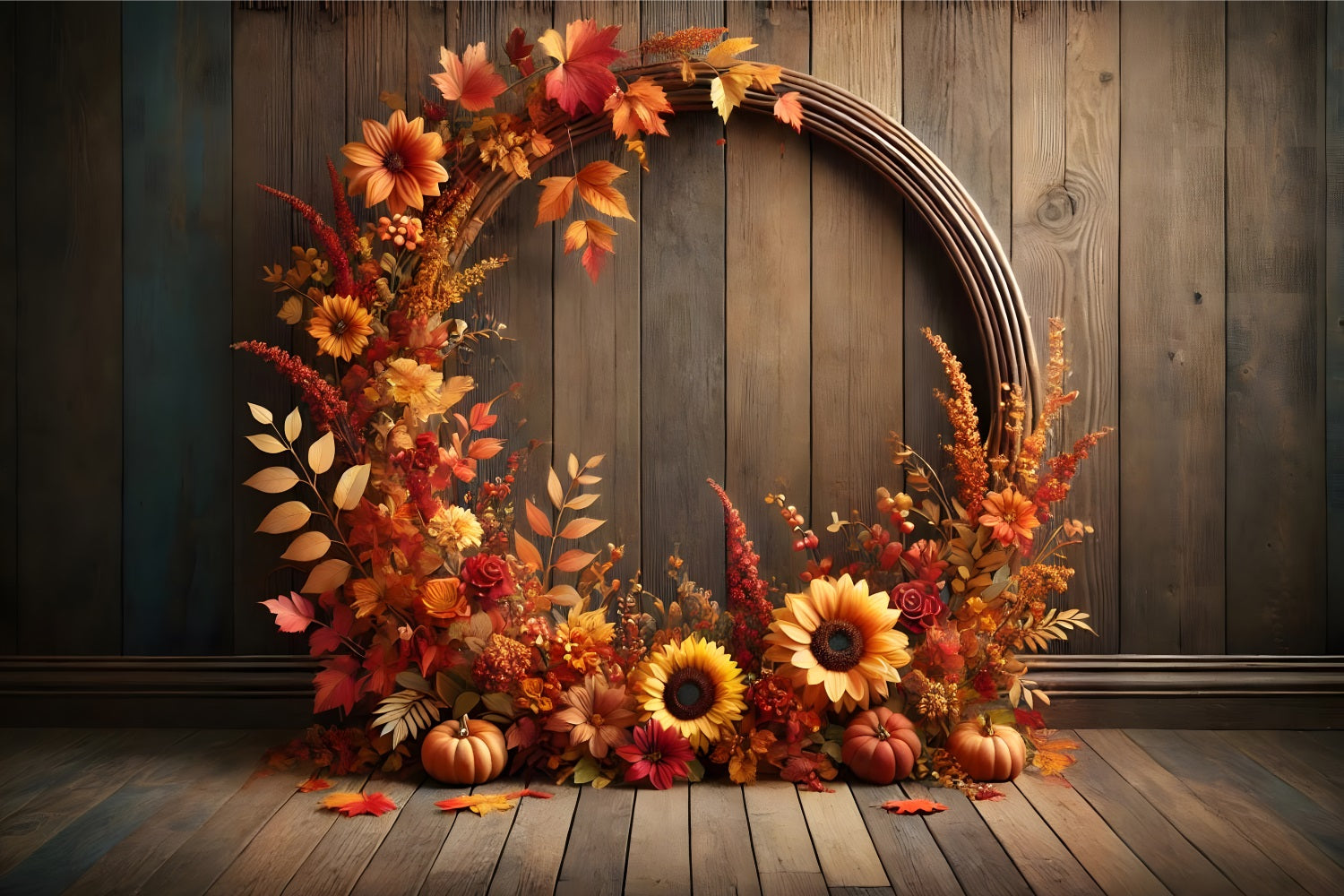 Autumn Floral Arch Pumpkin Wooden Backdrop UK RR7-279