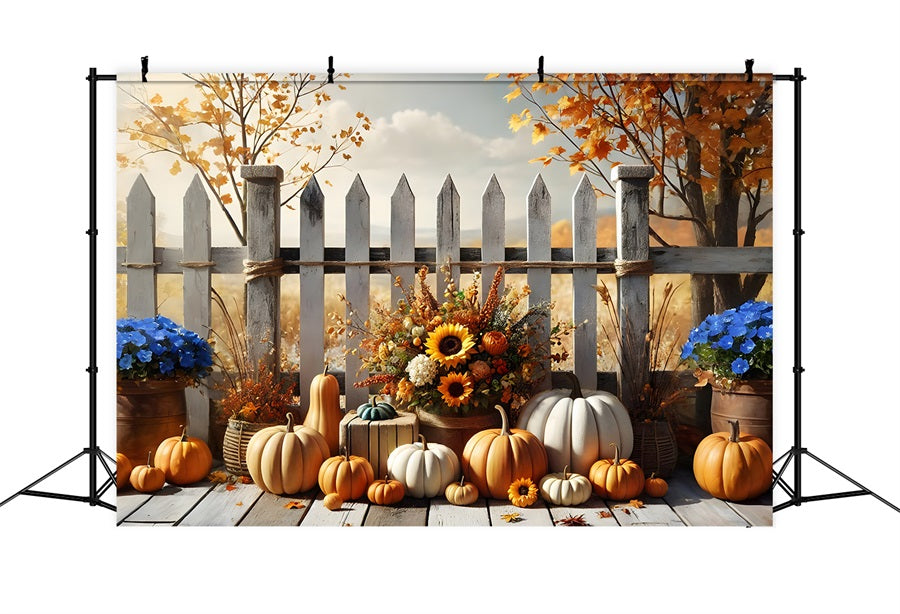 Autumn Harvest Floral Pumpkin Picket Fence Backdrop UK RR7-280