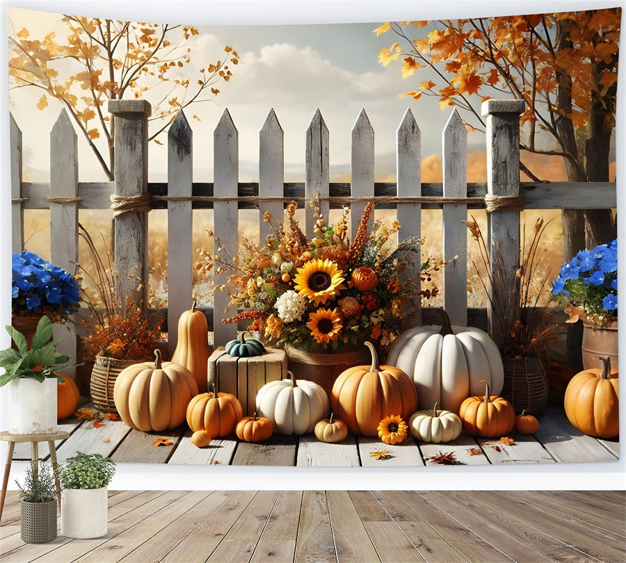 Autumn Harvest Floral Pumpkin Picket Fence Backdrop UK RR7-280