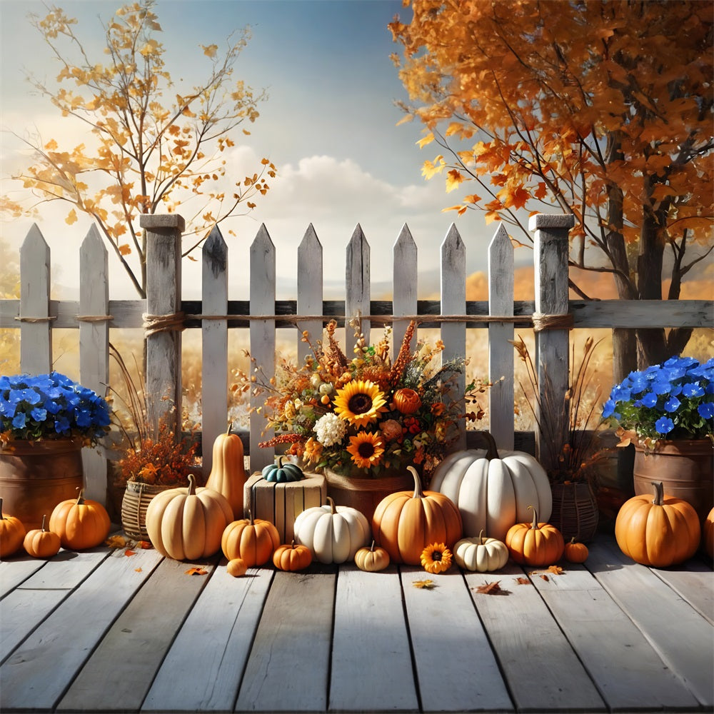 Autumn Harvest Floral Pumpkin Picket Fence Backdrop UK RR7-280