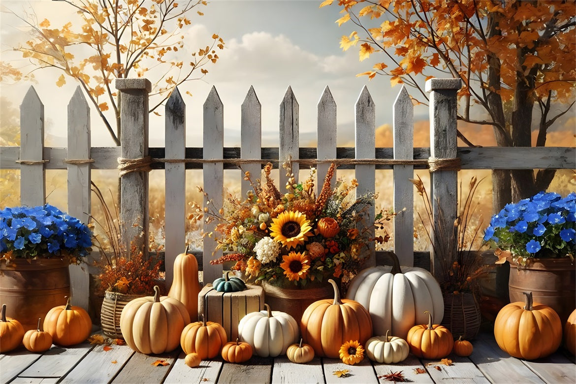 Autumn Harvest Floral Pumpkin Picket Fence Backdrop UK RR7-280