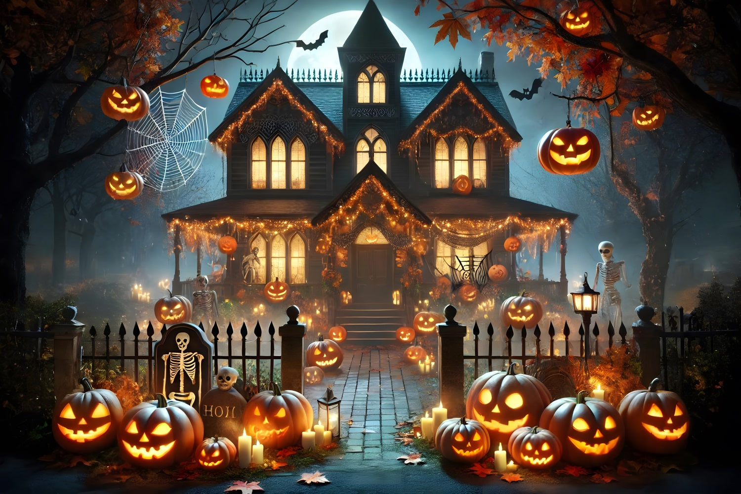 Halloween Pumpkin Lanterns Haunted House Backdrop UK RR7-281