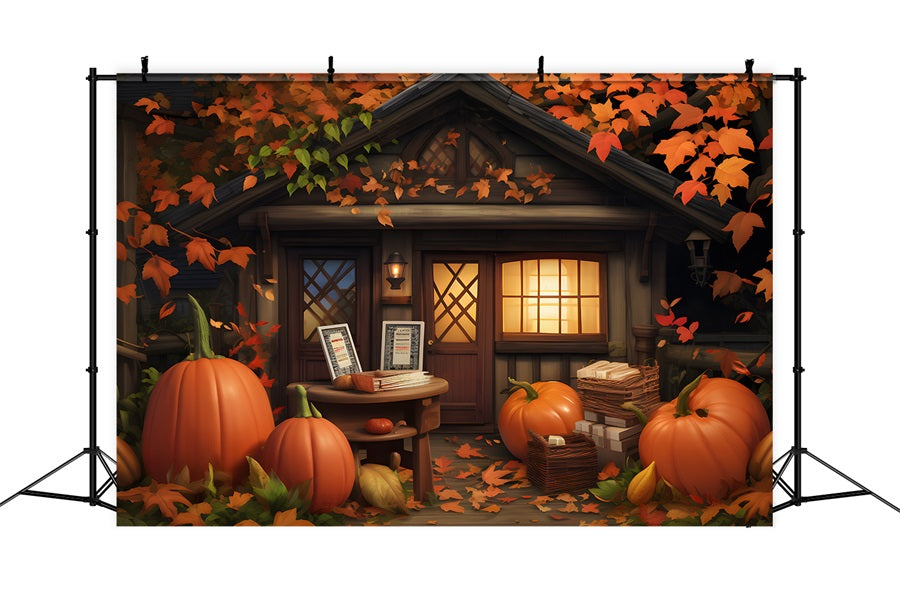 Cozy Autumn Cottage Pumpkins Leaves Backdrop UK RR7-284