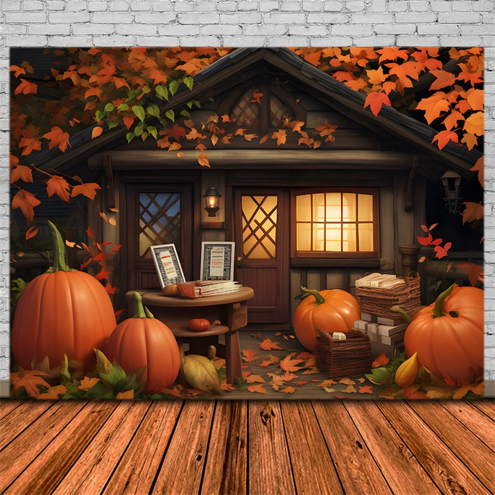 Cozy Autumn Cottage Pumpkins Leaves Backdrop UK RR7-284