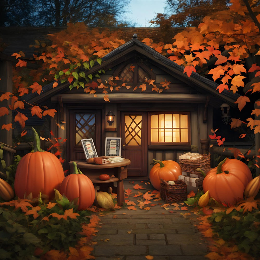 Cozy Autumn Cottage Pumpkins Leaves Backdrop UK RR7-284