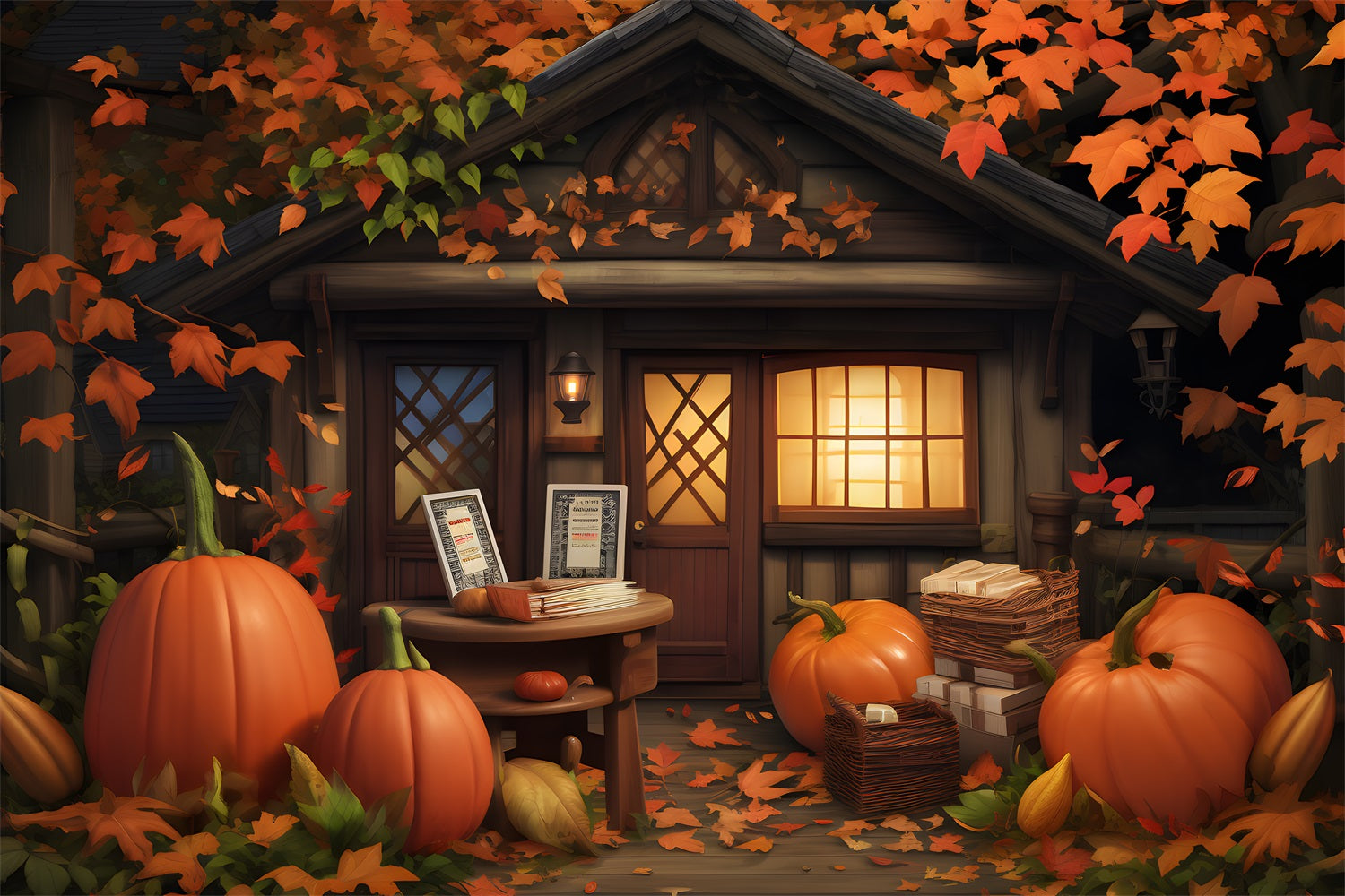 Cozy Autumn Cottage Pumpkins Leaves Backdrop UK RR7-284