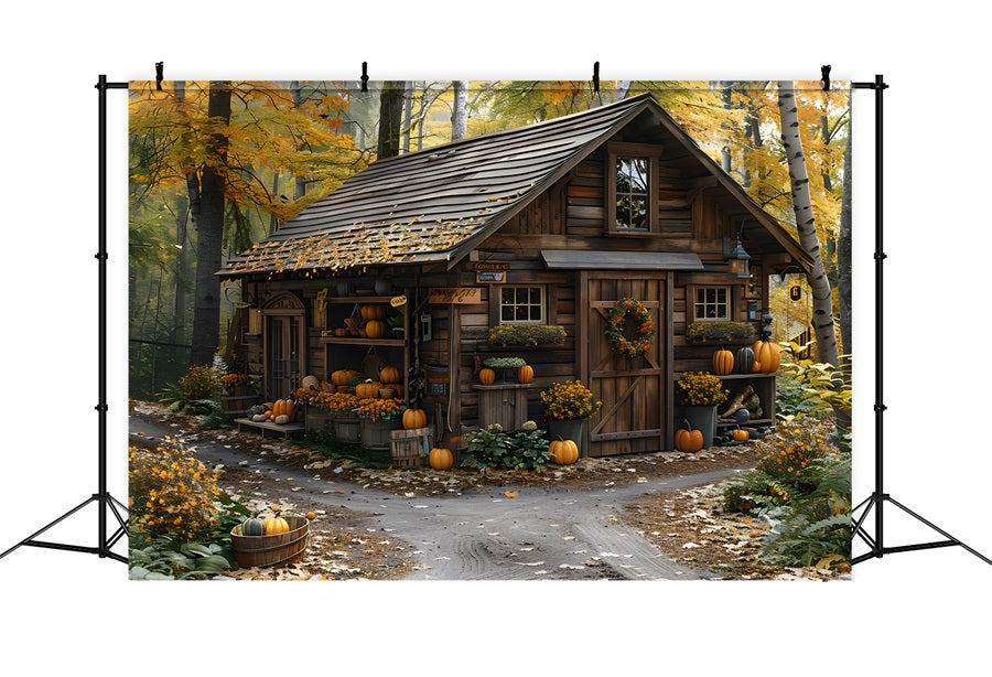 Rustic Autumn Cabin Pumpkins Leaves Backdrop UK RR7-285