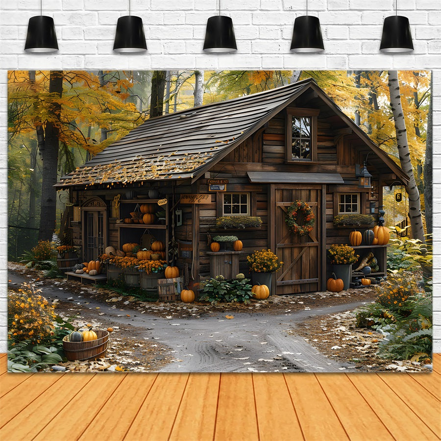 Rustic Autumn Cabin Pumpkins Leaves Backdrop UK RR7-285